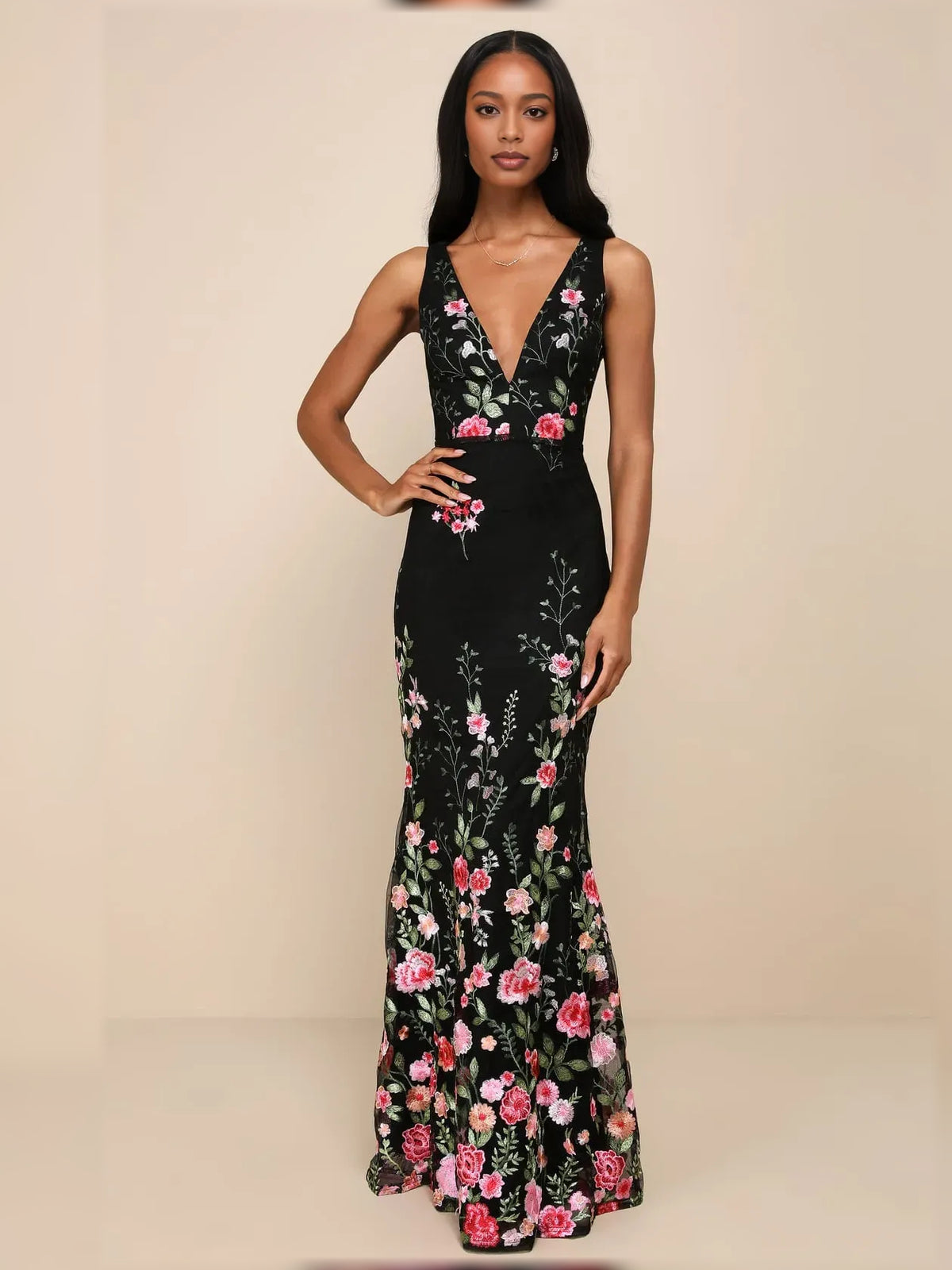 Black sheath floor-length formal dress with embroidery, alternate view