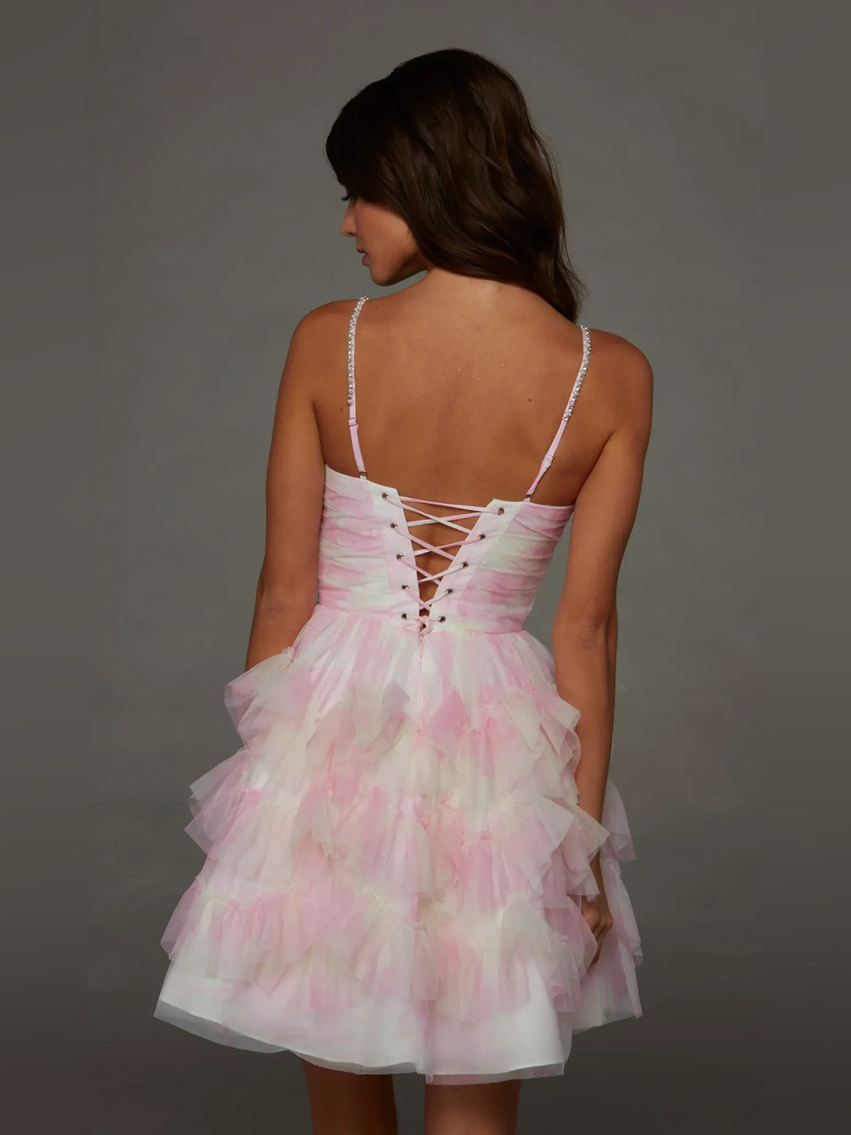Blush Pink mini homecoming dress, back view showing the rear of the dress