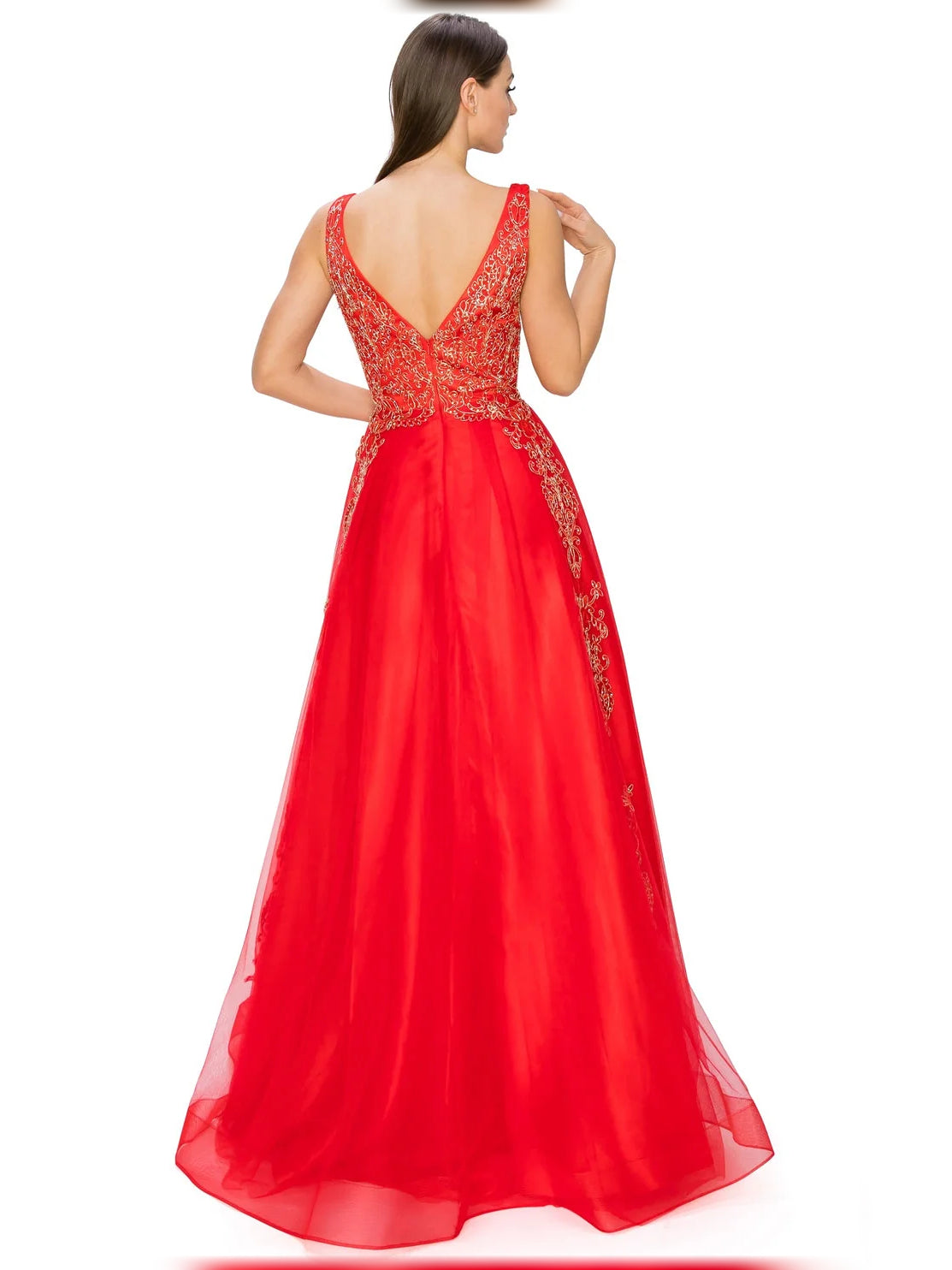 Red floor-length bridesmaid dress, alternate view showing the bodice and skirt