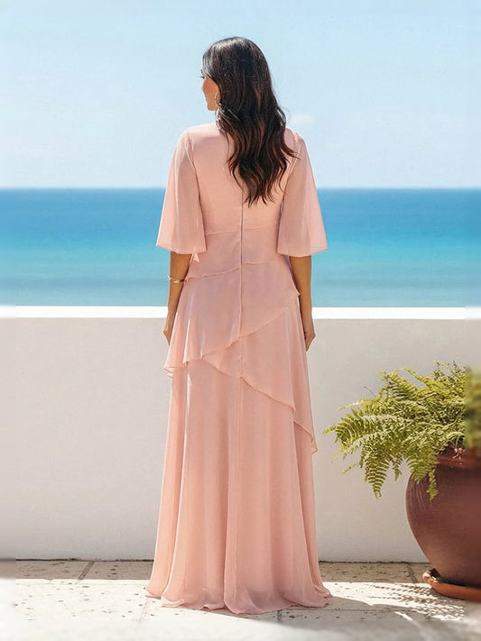 Peach floor-length mother of the bride dress, alternate view showing the bodice and skirt