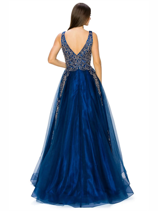 Navy Blue floor-length prom dress, alternate view showing the bodice and skirt