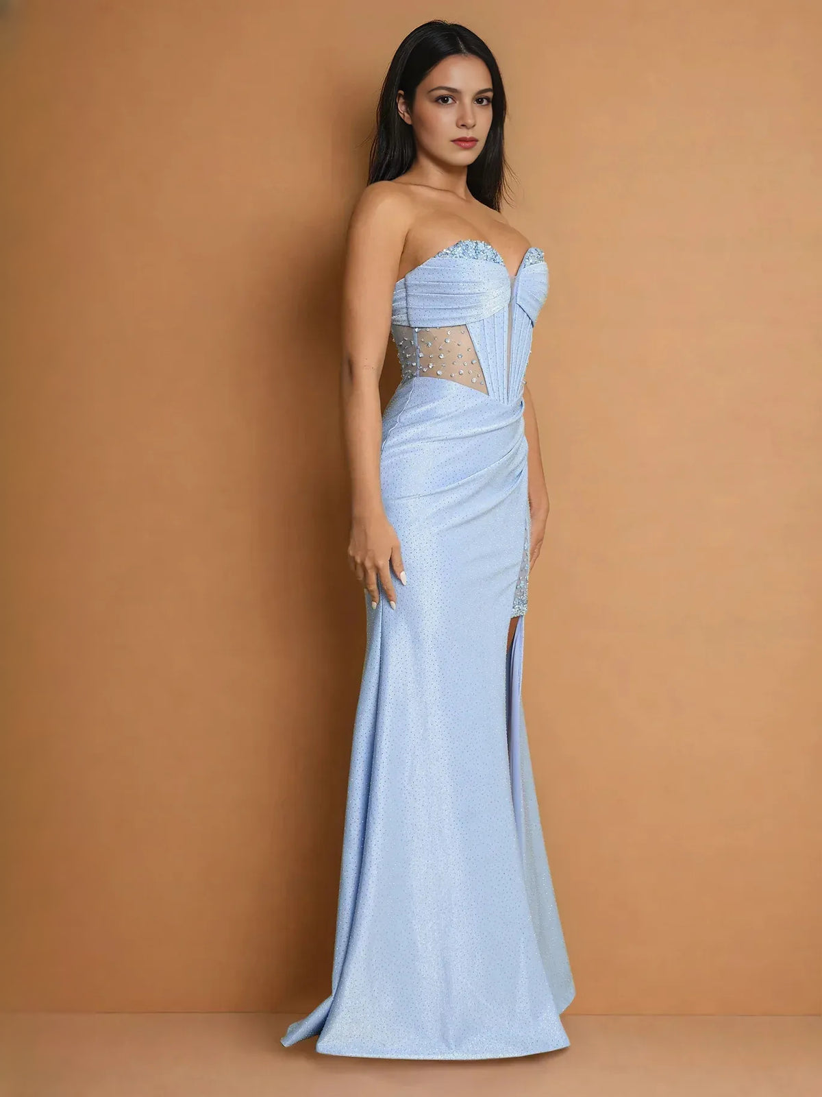 Light Blue floor-length prom dress, back view showing the rear of the dress