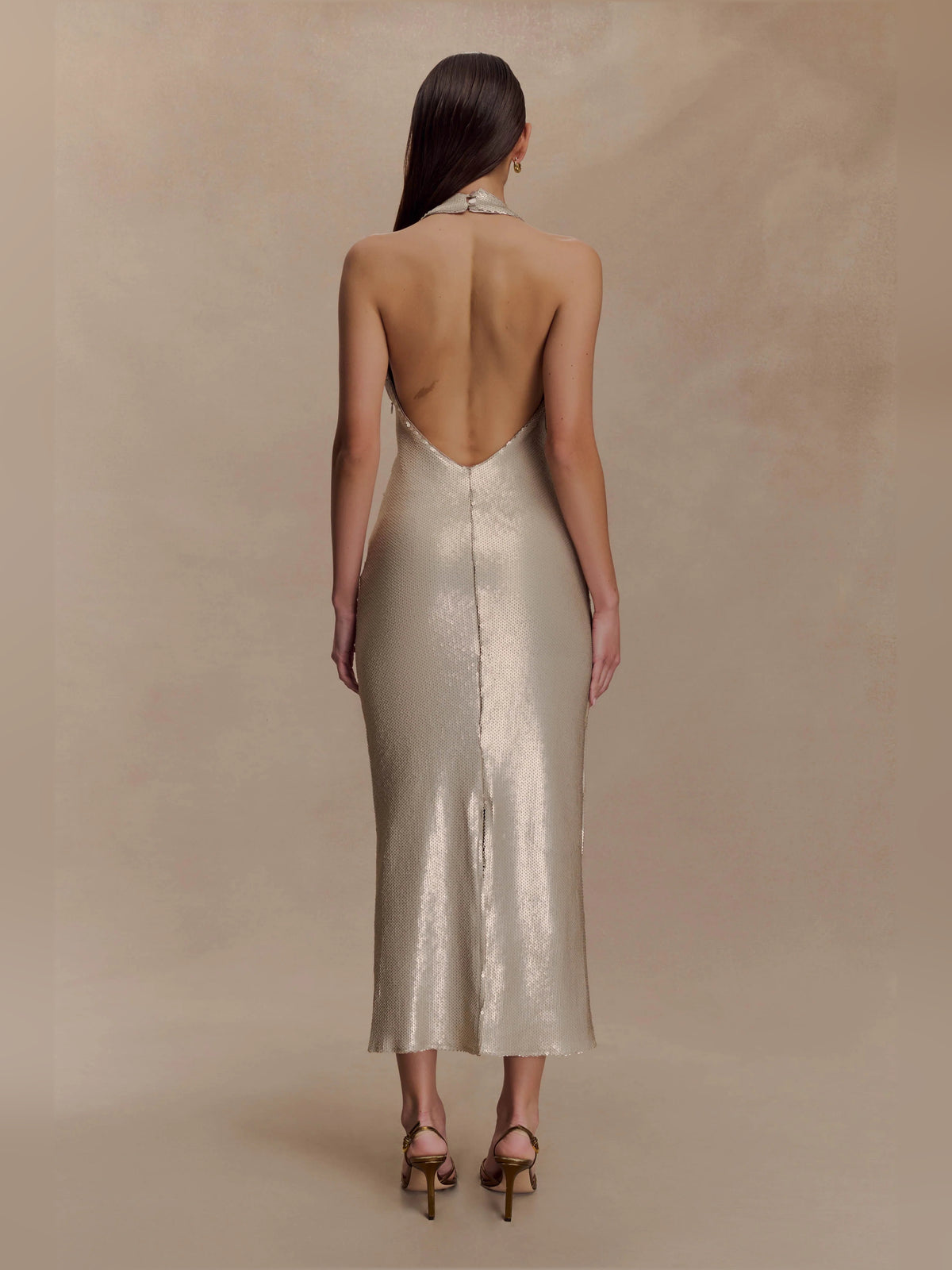 Gold midi formal dress with sequins, alternate view