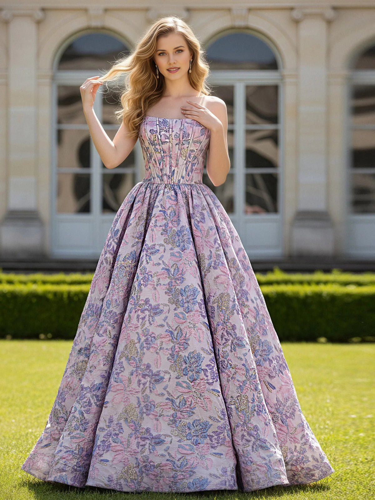 Lilac Floral floor-length prom dress, alternate view showing the bodice and skirt