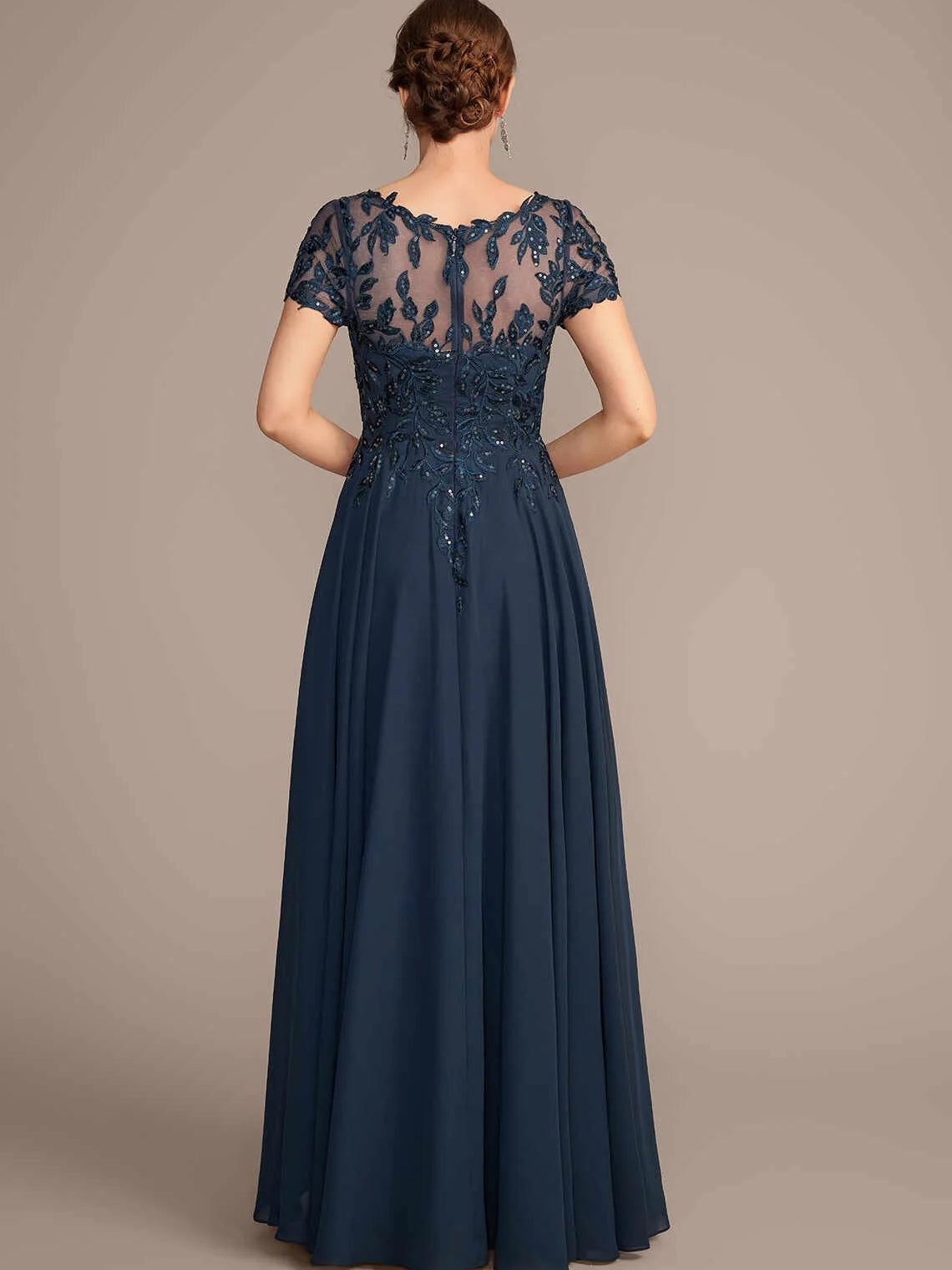 Dark Navy short mother of the bride dress, alternate view showing the bodice and skirt