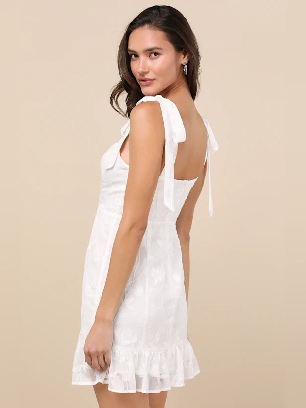 White Floral mini homecoming dress, alternate view showing the bodice and skirt