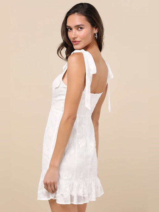 White Floral mini homecoming dress, alternate view showing the bodice and skirt