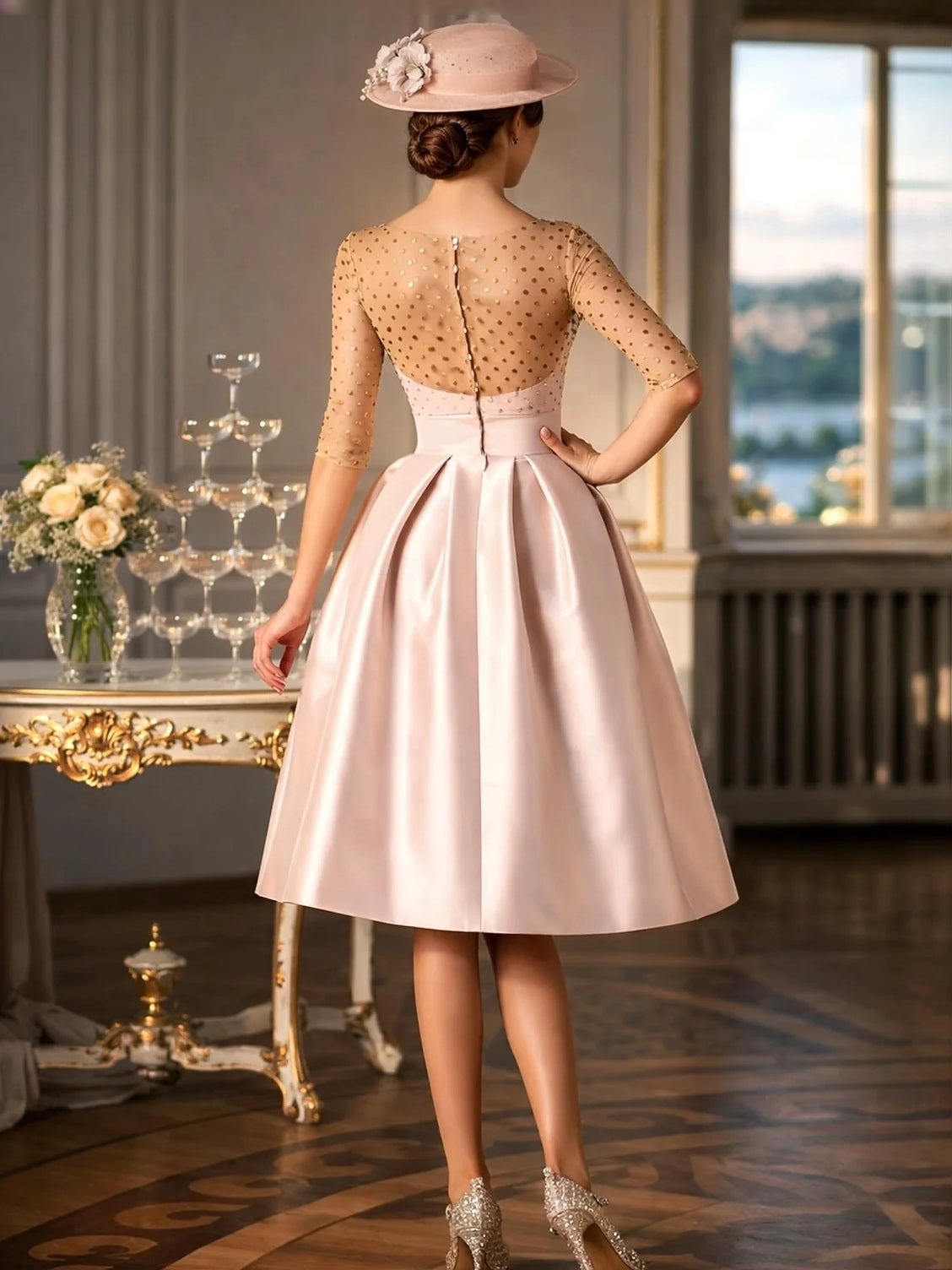 Blush Pink midi prom dress, alternate view showing the bodice and skirt