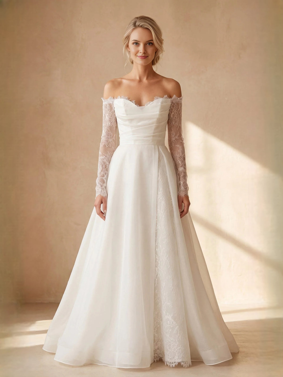 Ivory floor-length wedding dress, alternate view showing the bodice and skirt