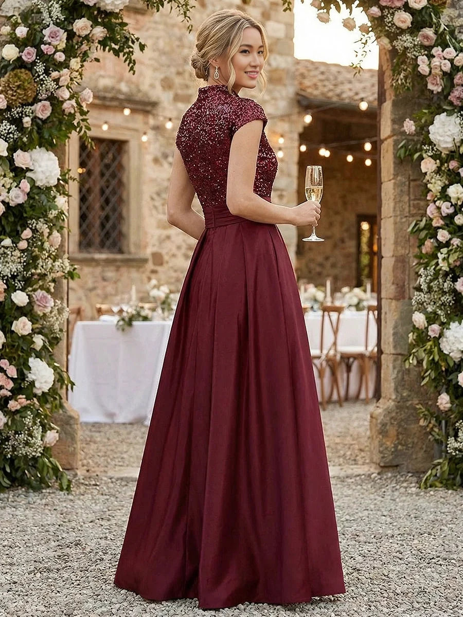 Burgundy floor-length mother of the bride dress, alternate view showing the bodice and skirt