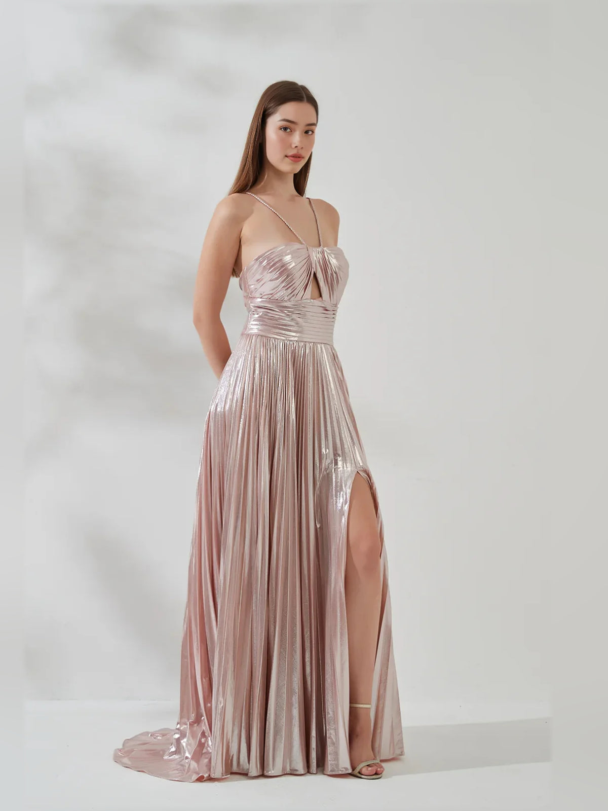 Blush Pink a-line floor-length formal dress with ruching, alternate view