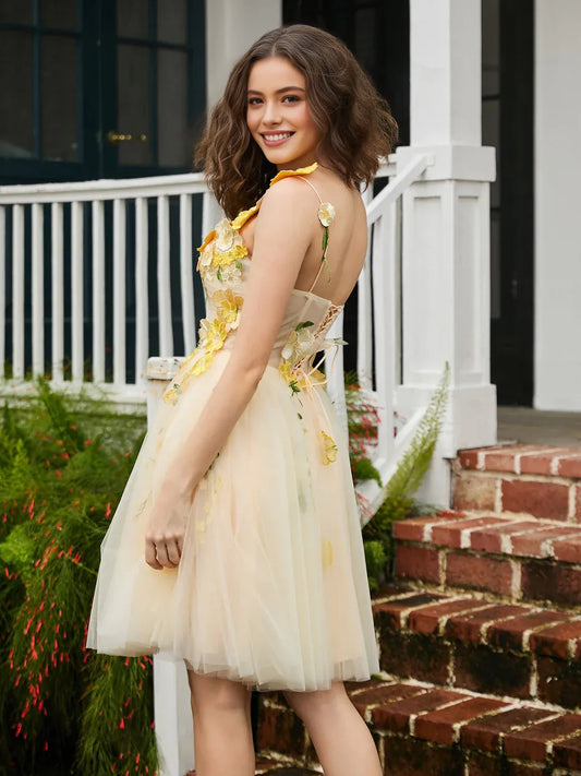Pale Lemon mini homecoming dress, back view showing the rear of the dress