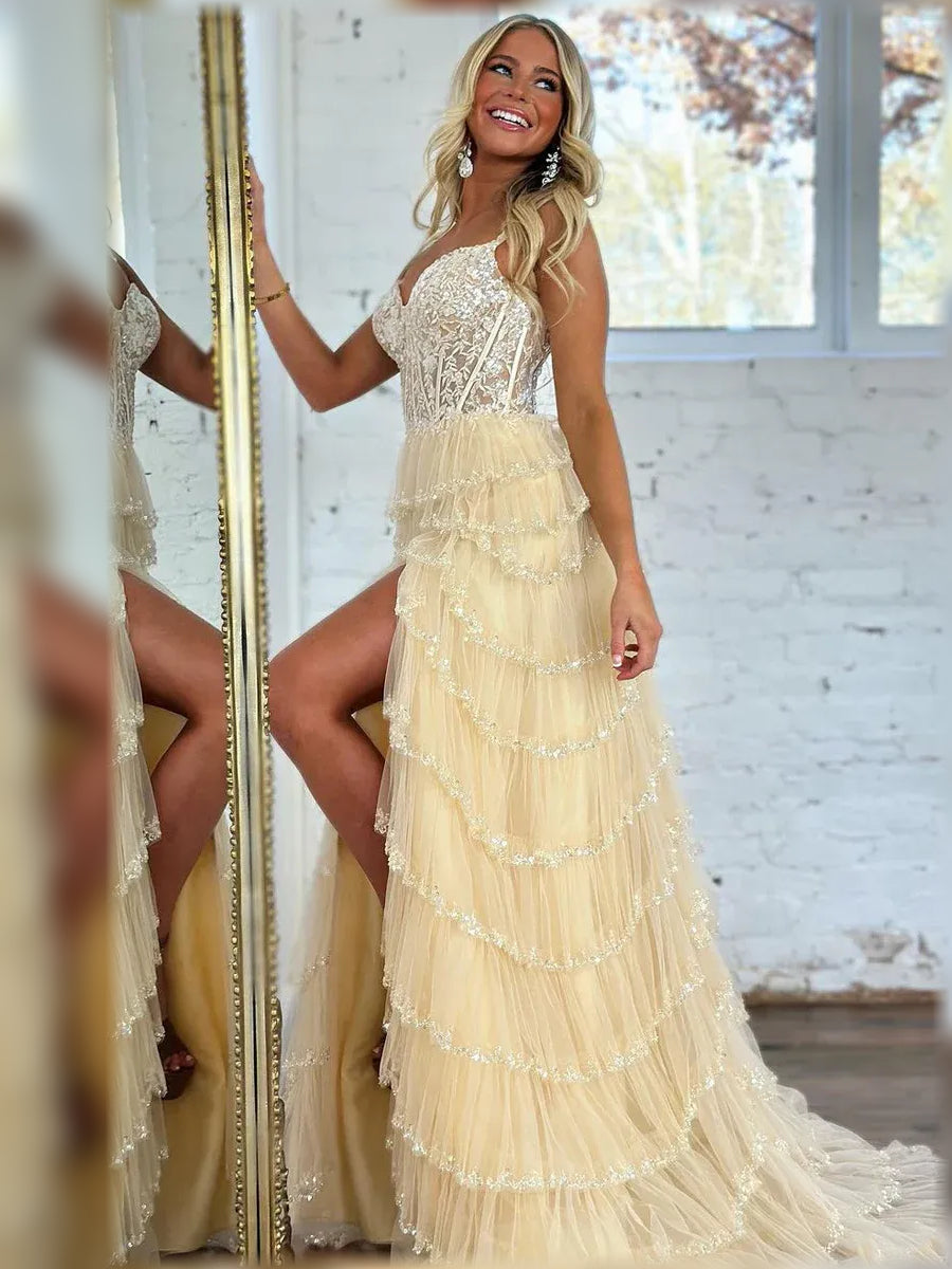 Champagne a-line floor-length formal dress with ruffle details, alternate view