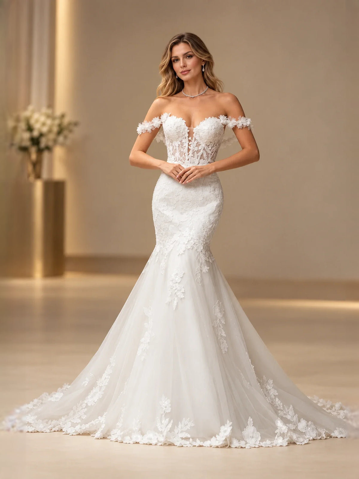 White floor-length wedding dress, alternate view showing the bodice and skirt