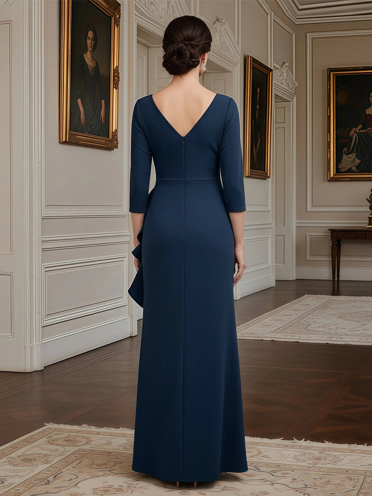 Dark Navy maxi mother of the bride dress, alternate view showing the bodice and skirt