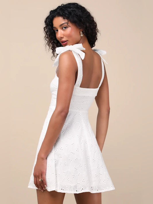 White Floral mini homecoming dress, alternate view showing the bodice and skirt
