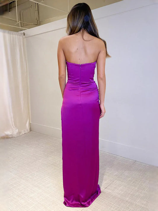 Fuchsia maxi prom dress, back view showing the rear of the dress
