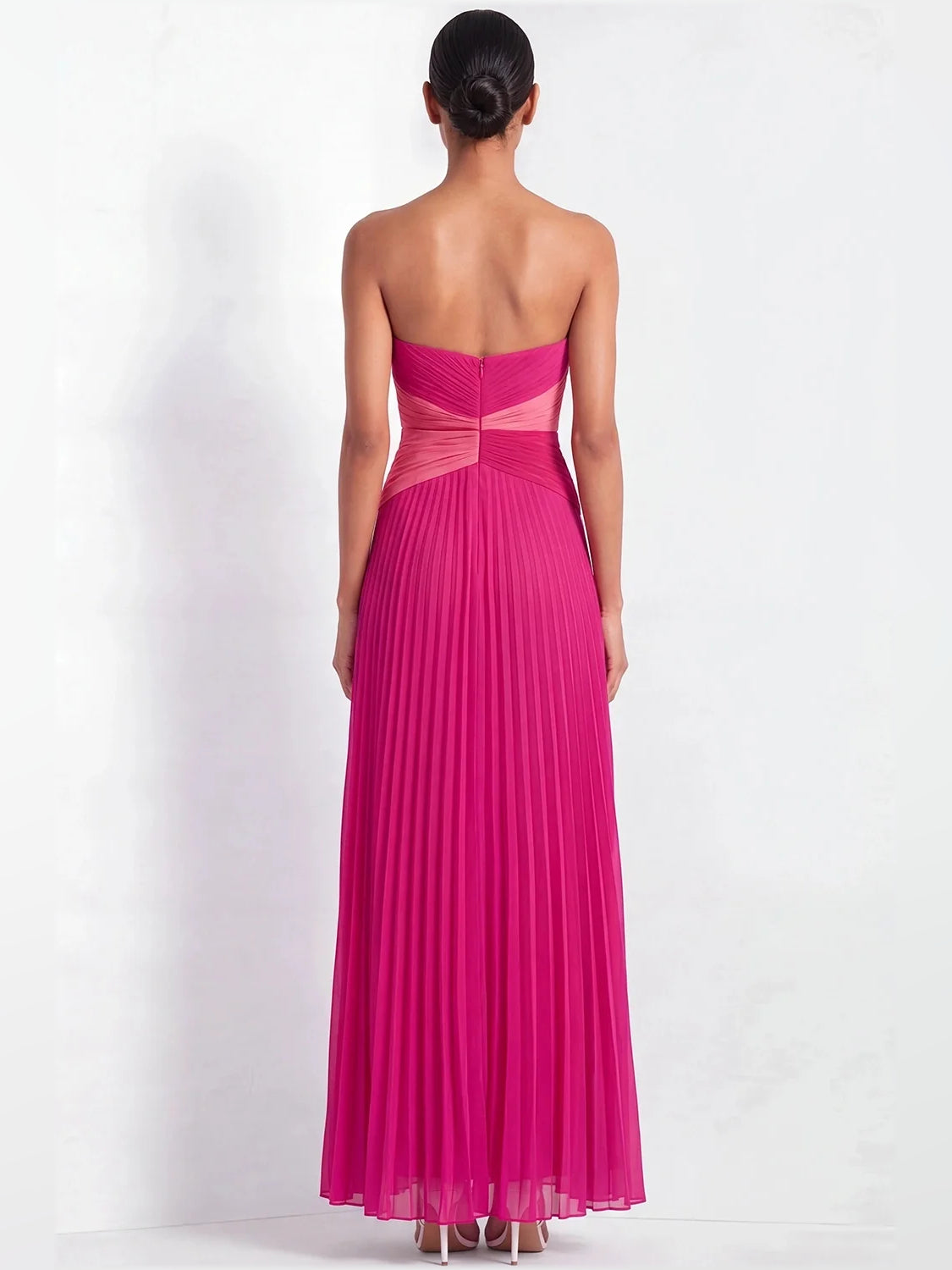Hot Pink maxi bridesmaid dress, alternate view showing the bodice and skirt