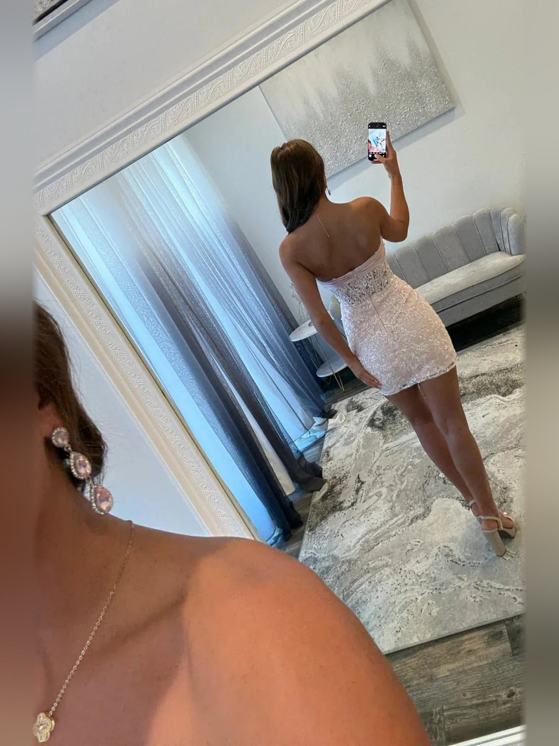 Blush Pink mini homecoming dress, back view showing the rear of the dress