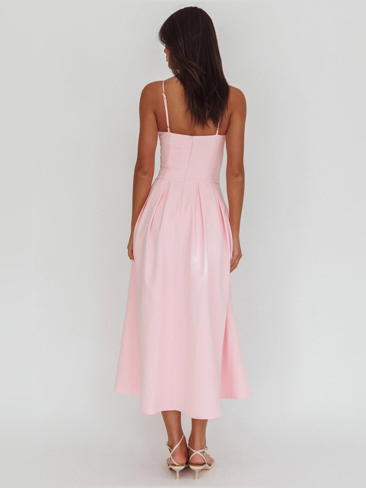 Pink midi formal dress with pleated skirt, alternate view
