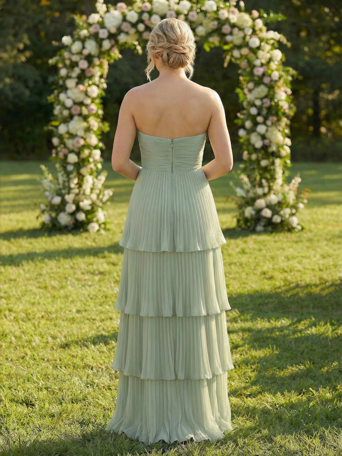 Dusty Sage maxi bridesmaid dress, alternate view showing the bodice and skirt