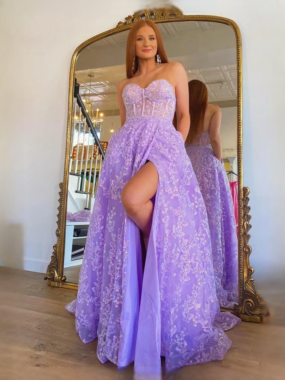 Lavender maxi prom dress, alternate view showing the bodice and skirt
