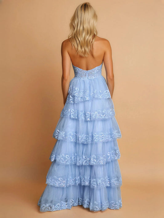 Sky Blue maxi prom dress, back view showing the rear of the dress