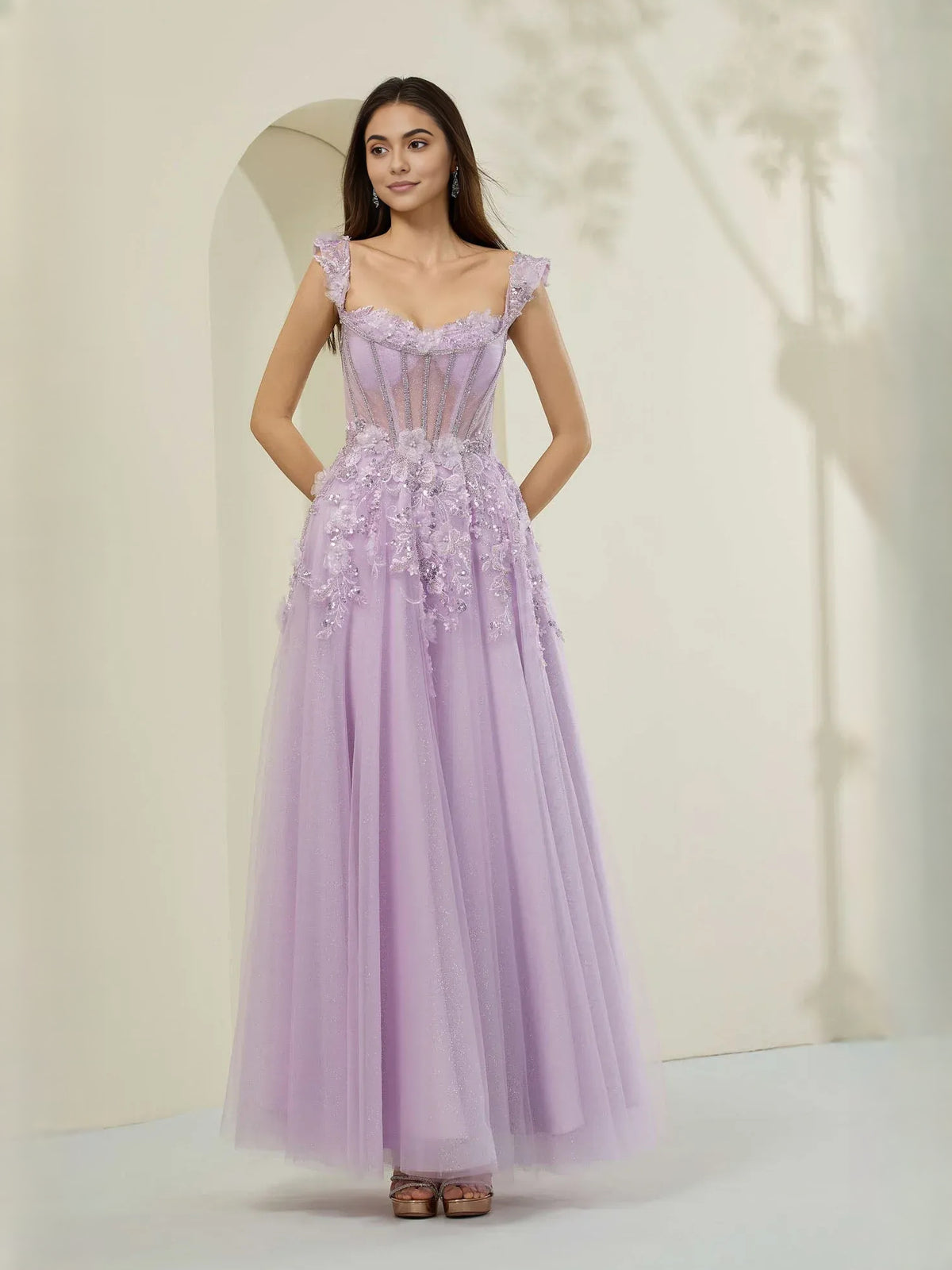 Lilac floor-length prom dress, alternate view showing the bodice and skirt