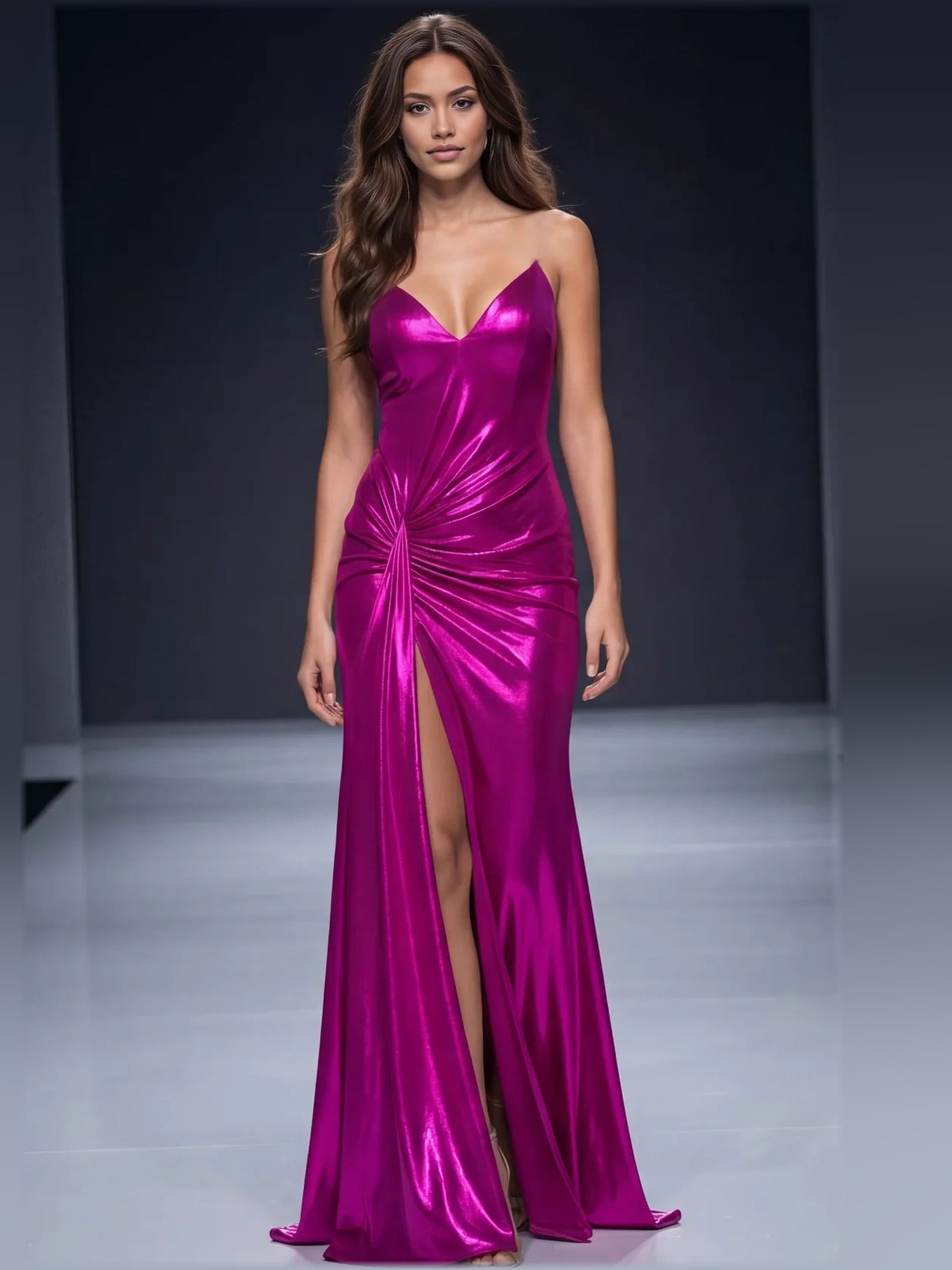 Fuchsia mermaid floor-length formal dress with skirt slit, alternate view