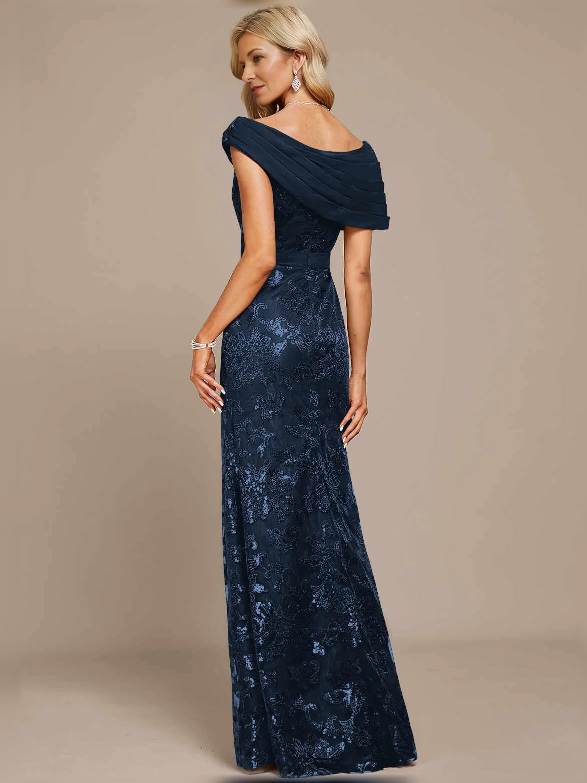 Dark Navy maxi mother of the bride dress, alternate view showing the bodice and skirt