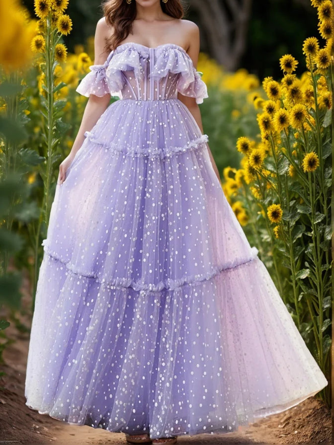 Lavender floor-length prom dress, alternate view showing the bodice and skirt