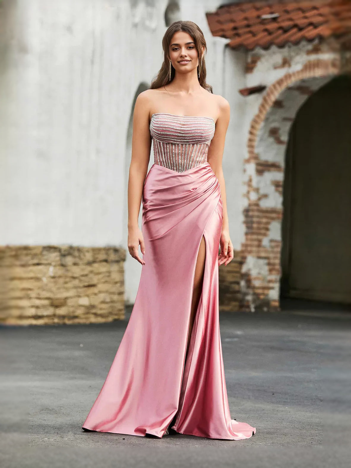 Light Pink floor-length prom dress, alternate view showing the bodice and skirt