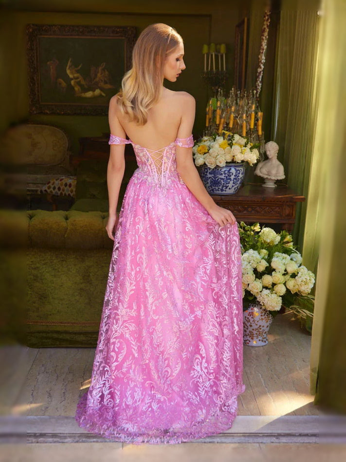 Pink floor-length prom dress, back view showing the rear of the dress