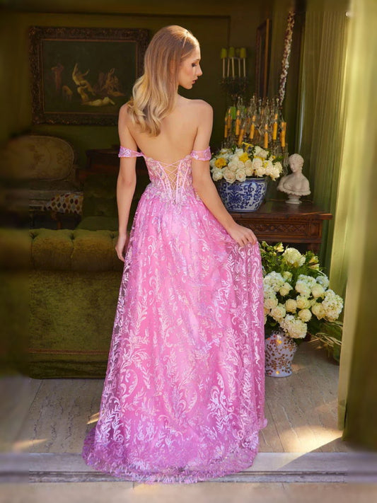Pink floor-length prom dress, back view showing the rear of the dress