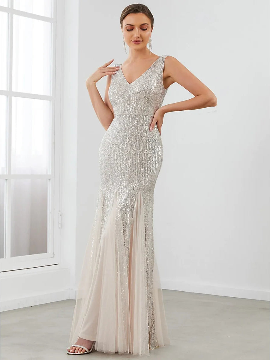Silver a-line floor-length formal dress with sequins, alternate view