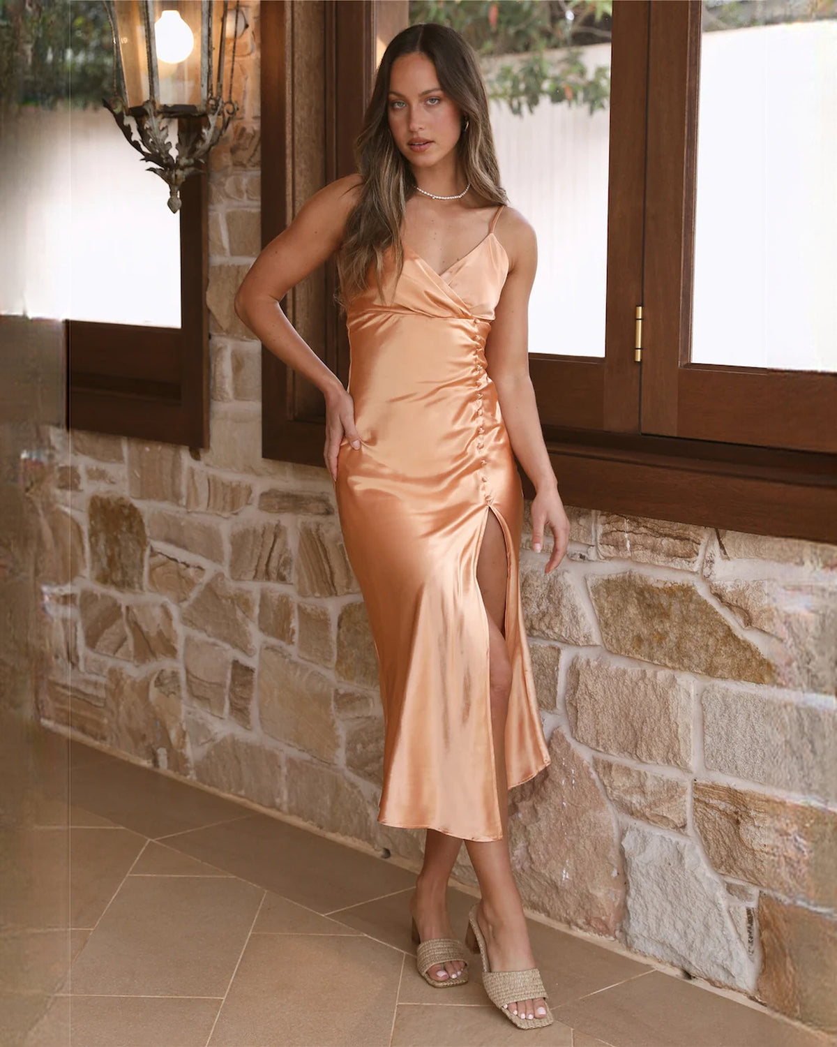 sleeveless satin a-line midi bridesmaid dress - image 2