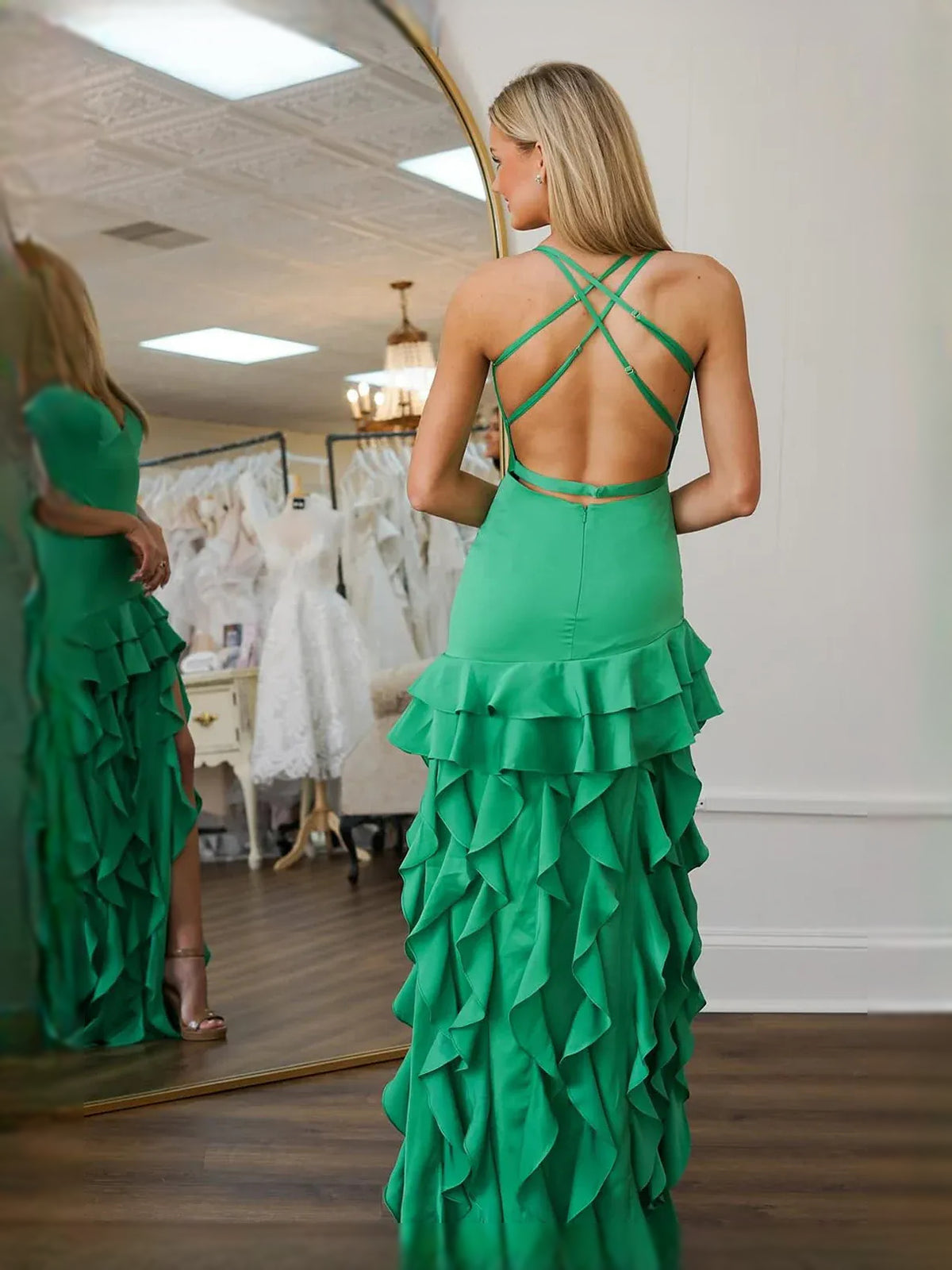 Green floor-length prom dress, back view showing the rear of the dress