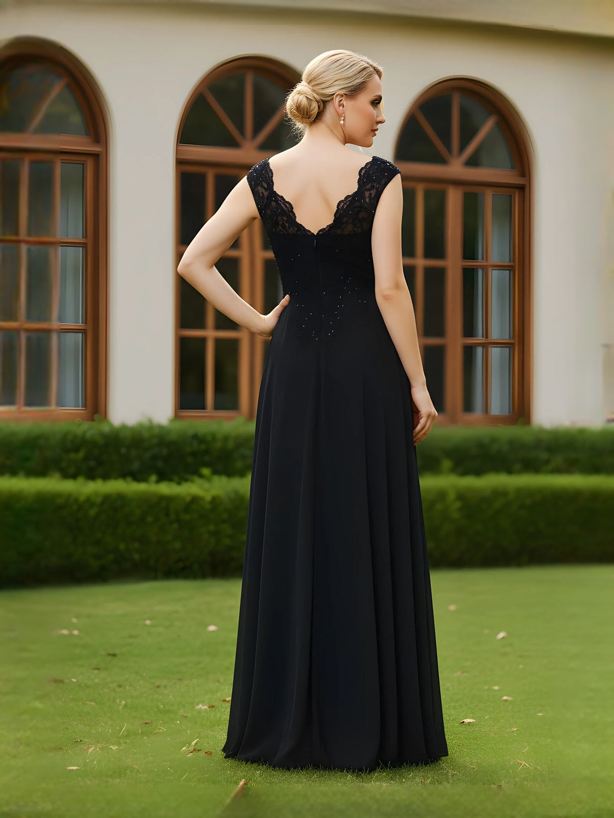 Black maxi bridesmaid dress, alternate view showing the bodice and skirt