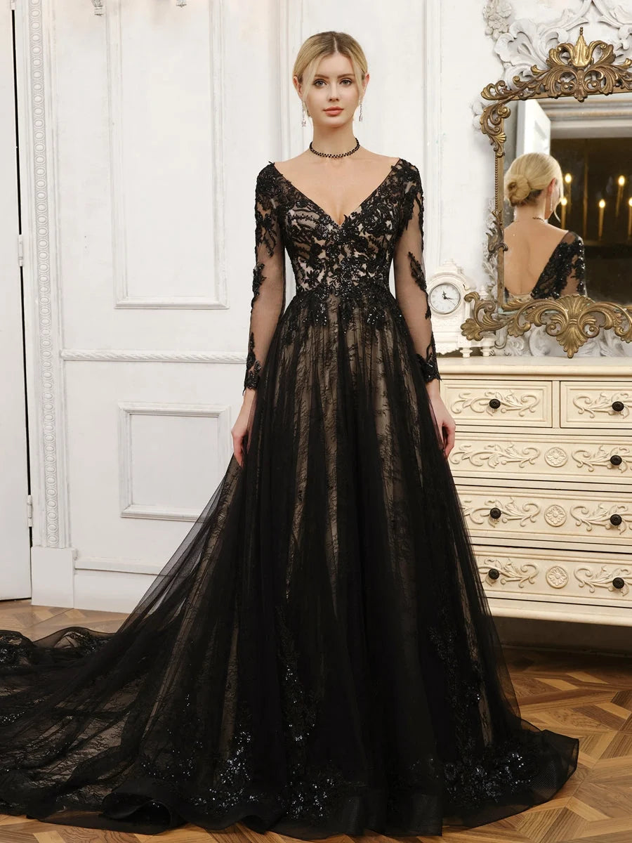Black floor-length wedding dress, alternate view showing the bodice and skirt
