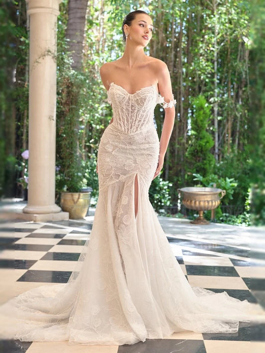 Ivory floor-length wedding dress, alternate view showing the bodice and skirt
