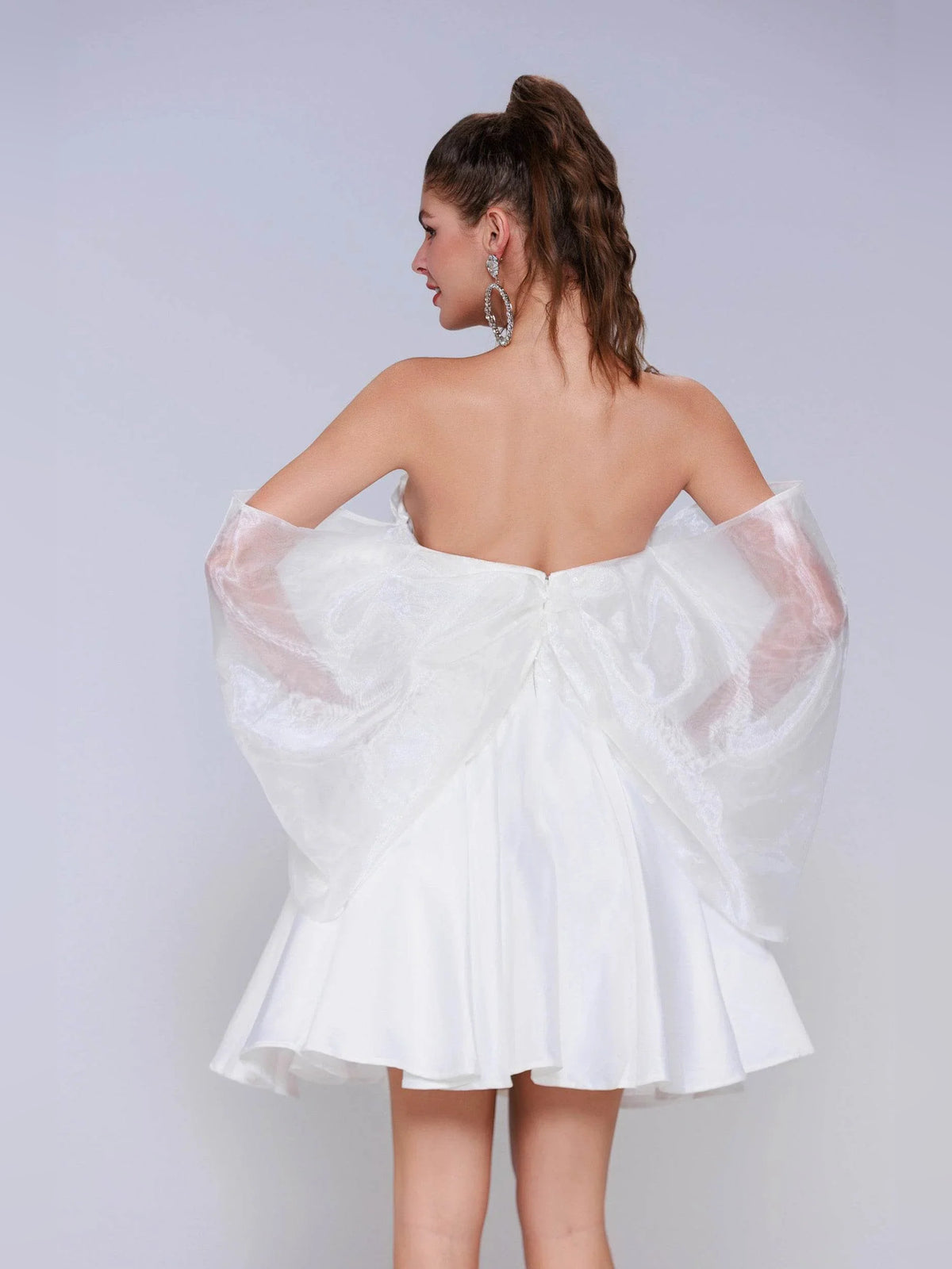 White short homecoming dress, back view showing the rear of the dress