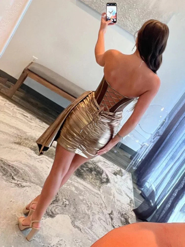 Brown mini homecoming dress, back view showing the rear of the dress