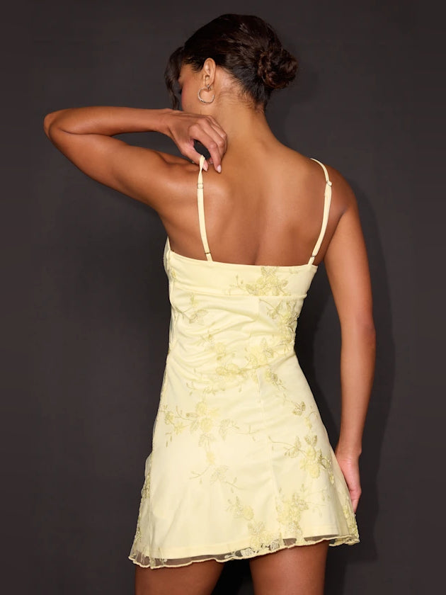 Butter Yellow mini homecoming dress, alternate view showing the bodice and skirt