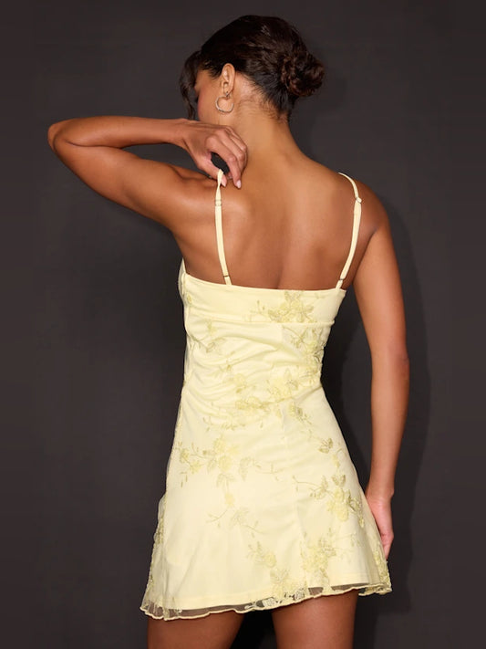 Butter Yellow mini homecoming dress, alternate view showing the bodice and skirt