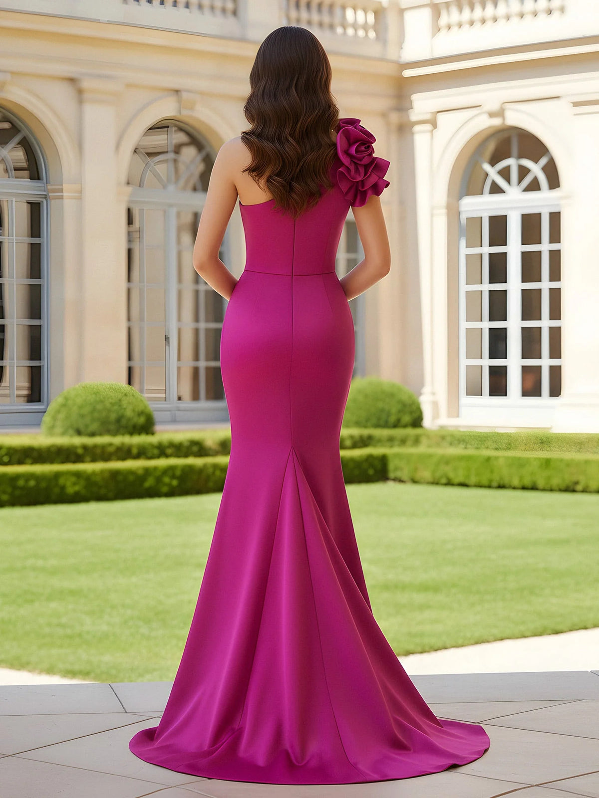 Magenta maxi prom dress, alternate view showing the bodice and skirt