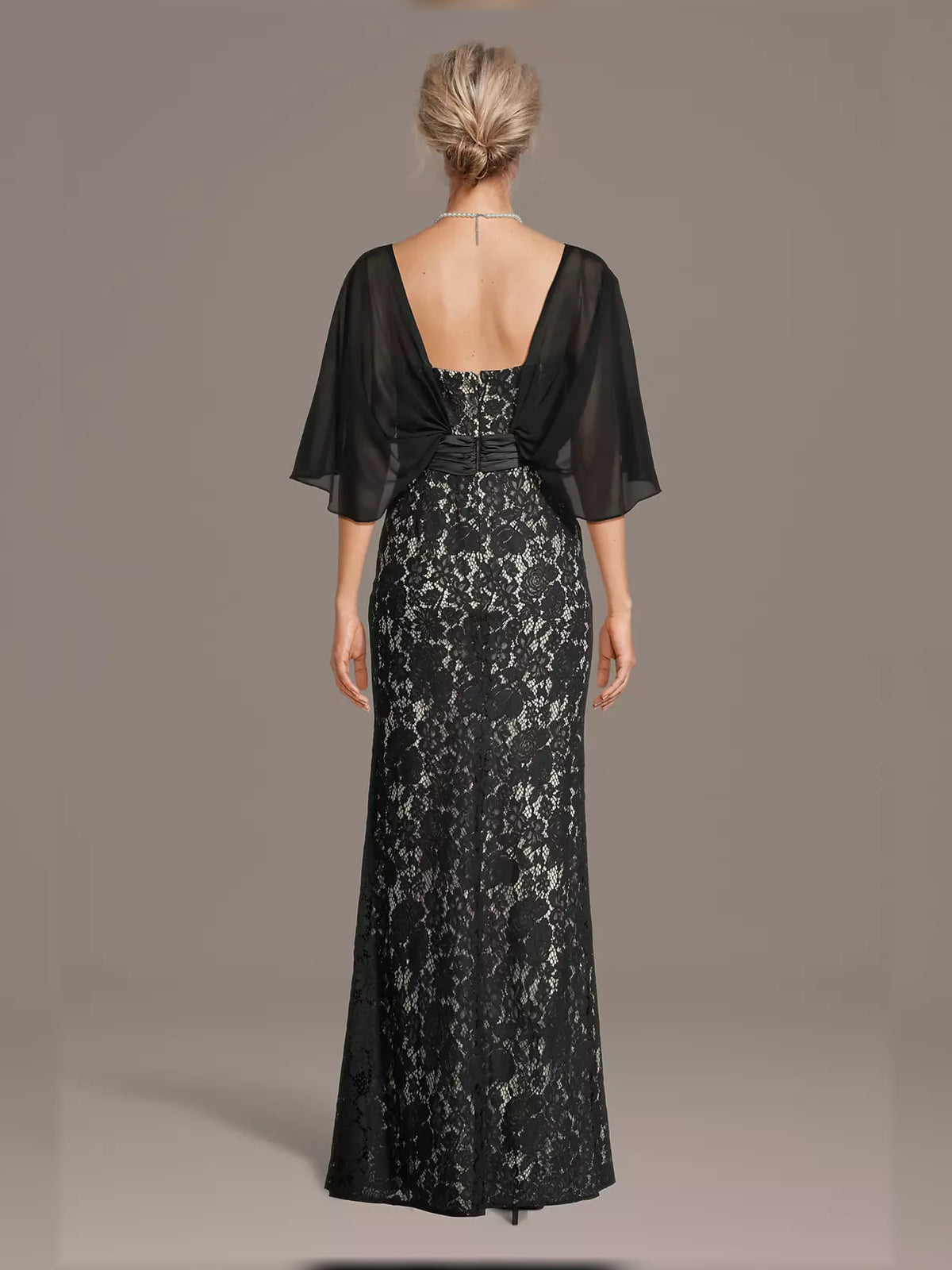 Black maxi mother of the bride dress, alternate view showing the bodice and skirt