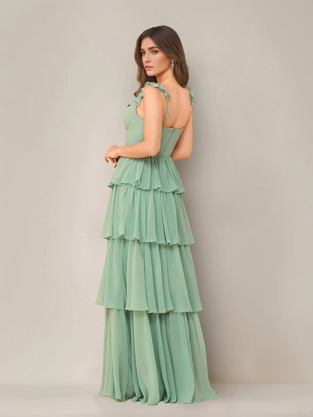 Mint Green maxi bridesmaid dress, alternate view showing the bodice and skirt