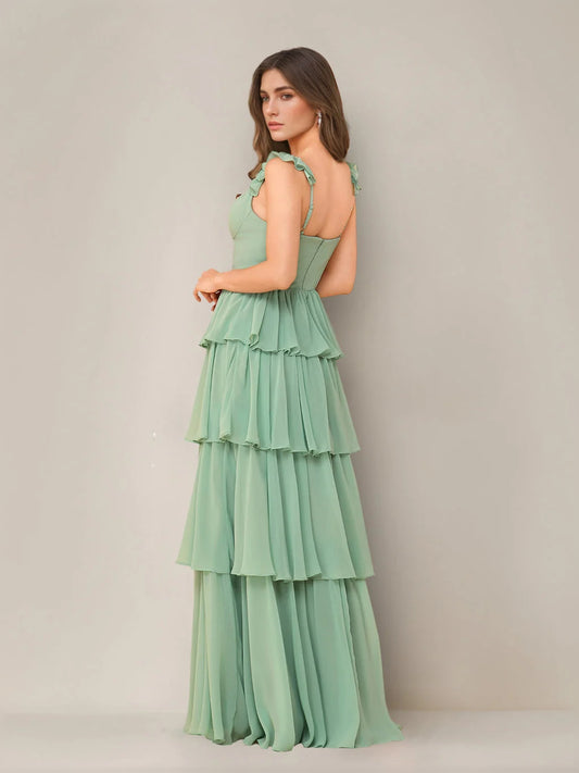 Mint Green maxi bridesmaid dress, alternate view showing the bodice and skirt