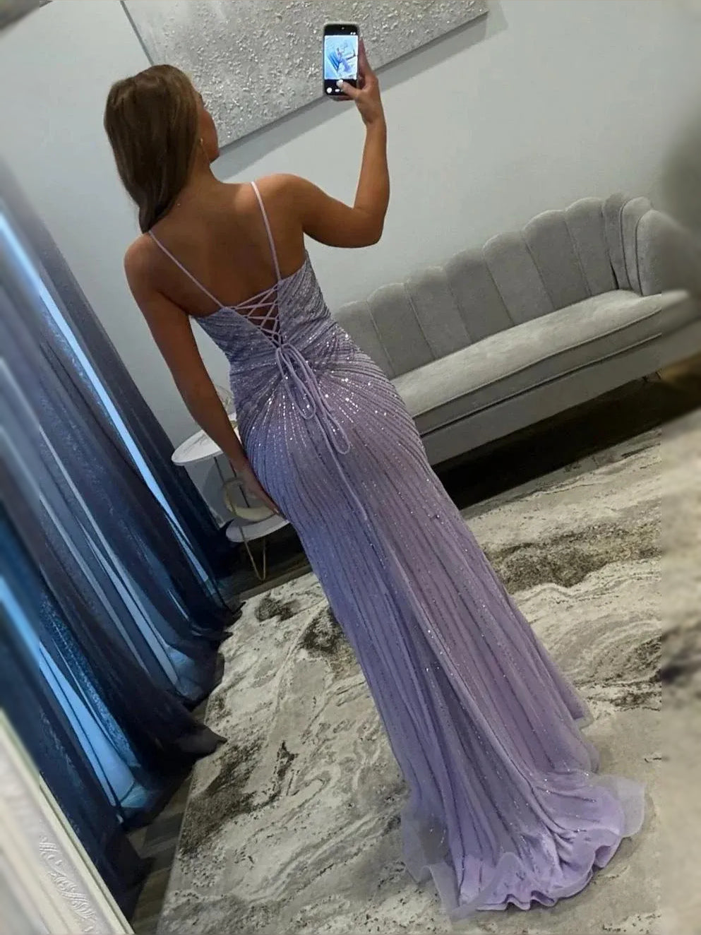 Lilac floor-length prom dress, alternate view showing the bodice and skirt