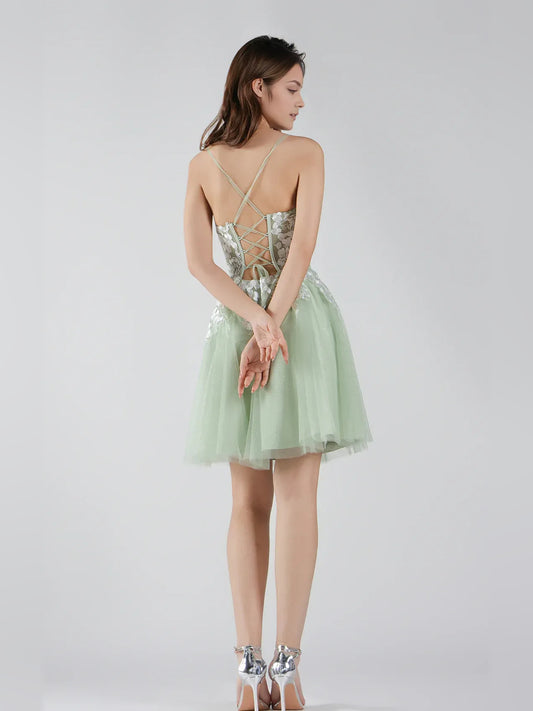 Sage Green mini homecoming dress, back view showing the rear of the dress